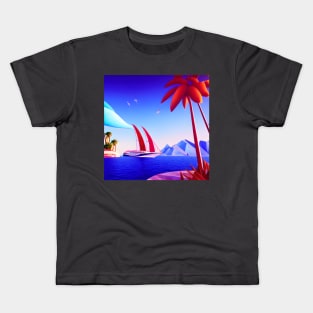 A Yacht With Red Sails Arriving At A Tropical Island With Reddish Looking Trees In The Foreground. Kids T-Shirt